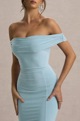 Law of Attraction | Powder Blue Bardot Draped Split Maxi Dress