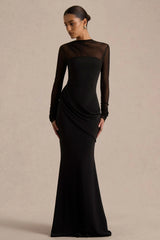 Deema | Black Jersey And Mesh High Neck Maxi Dress