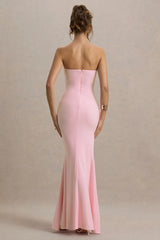 My Muse | Pink Ruched Bandeau Split Maxi Dress With Flowers