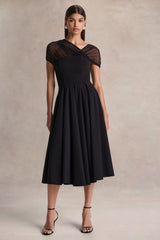 Rosette | Black Asymmetric-Neck Midi Dress