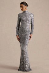 Galaxy | Silver Sequin Turtle-Neck Long-Sleeve Maxi Dress