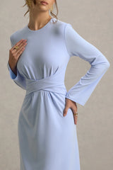 Cassiopeia | Light Blue Long-Sleeve Midi Dress With Cross Waist