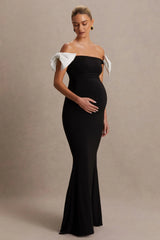 Didi | Black & White Bardot Bow Detail Maternity Maxi Dress