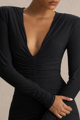 Jewel | Black Plunge-Neck Maxi Dress With Front Split and Ruched Detailing