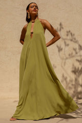 Zyon | Green High-Neck Maxi Dress with Cut-Out Details