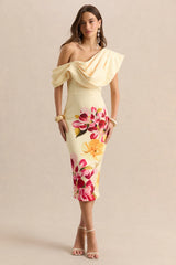 Adrina | Hot Pink & Lemon Floral Print Draped One Shoulder Midi Dress