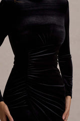 Jaz | Black Velvet High-Neck Gathered Split Maxi Dress