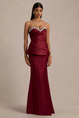 Milia | Burgundy Satin Hand-Embellished Strapless Corset Maxi Dress