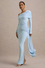 Valina | Powder Blue Ruched Asymmetric Maxi Dress With Drape