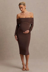 Elspeth | Brown Bardot-Neck Maternity Midi Dress