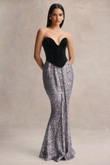 Aeris | Black Velvet And Silver Sequin Plunge-Neck Maxi Dress