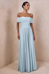 Cindie | Powder Blue Bardot-Neck Maxi Dress