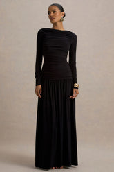 Aniyah | Black High-Neck Maxi Dress With Ruched Detailing