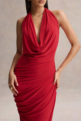 Cairo | Red Cowl-Neck Maxi Dress With Gathered Detailing