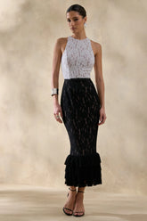 Vionna | Black And White Lace High-Neck Midi Dress With Bow-Belt Detail