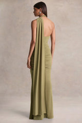 Roselani | Olive Halter-Neck Maxi Dress With Open-Back