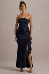 Loz | Navy Satin Bandeau Draped Maxi Dress