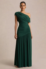 Kady | Dark Green Asymmetric-Neck Maxi Dress With Ruched Detailing