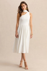 Odette | White Asymmetric-Neck Midi Dress With Scarf
