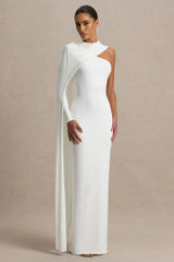 Dawn | Cream High-Neck Maxi Dress With One Long Cape-Sleeve