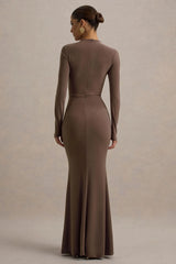 Reid | Brown Long-Sleeve Gathered Maxi Dress