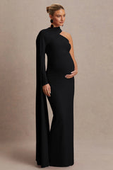 Tessy | Black Asymmetric-Neck Maternity Maxi Dress With Cape-Sleeve