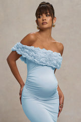 Inflorescence | Powder Blue Mesh Floral Bardot Maternity Maxi Dress