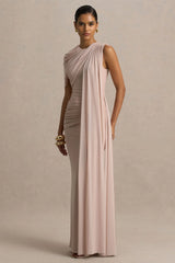 Brenda | Champagne Crew-Neck Maxi Dress With Mesh Cape And Sash