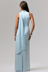 True Icon | Powder Blue Satin V-Neck Maxi Slip Dress With Sash