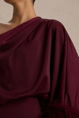 Felicity | Burgundy Satin Asymmetric-Neck Maxi Dress With Feather Detailing