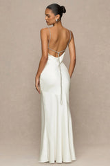 Maelia | Cream Satin Cowl-Neck Maxi Dress With Diamante Straps