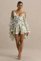 Anaya | White Botanical Print Chiffon Playsuit With Long Sleeves