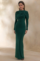 Evessa | Dark Green High-Neck Maxi Dress With Gathered-Detailing