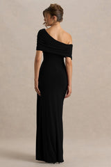Dynasty | Black Asymmetric-Neck Maxi Dress With Ruched Detailing And Front High-Split
