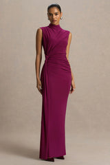 Solene | Burgundy High-Neck Maxi Dress With Wrap And Drape Detail