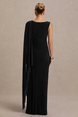 Cristina | Black High-Neck Maternity Maxi Dress With Cape-Sleeve
