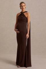 Lyra | Brown Cross Halter-Neck Maternity Maxi Dress With Cape