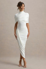 Enchant | White Asymmetric Twisted Cape Midi Dress