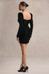 Kiss Of Midnight | Black Velvet Puff-Sleeve Mini Dress With Bow