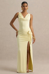 Pure Affection | Pale Lemon Cowl-Neck Maxi Dress With Ruched Detailing And Front High Split