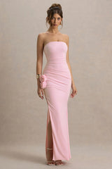 My Muse | Pink Ruched Bandeau Split Maxi Dress With Flowers