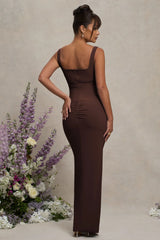 Avril | Brown Square Neck Maternity Maxi Dress with Split