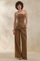 Meliva | Brown Pinstripe Wide-Leg Tailored Trouser