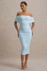 Rayleigh | Powder Blue Bardot Ruched Midi Dress