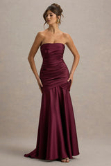 Cassidy | Burgundy Satin Bandeau Gathered Maxi Dress
