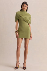 Perdi | Olive Bodycon Mini Dress With Twisted Cape