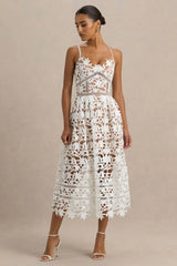 Zuri | White Lace Sweetheart Midi Dress With Cami Straps