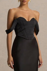 Perenna | Black Satin Sweetheart-Neck Maxi Dress With Draped-Sleeves