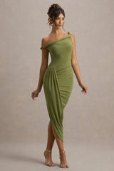 Angelique | Olive Green Twisted Asymmetric Maxi Dress