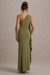 Adelina | Olive One-Shoulder Maxi Dress With Drape